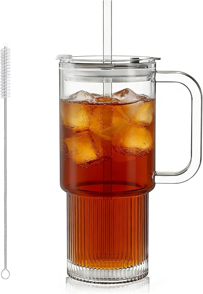 KEMORELA 26oz Ribbed Glass Mug with Handle and Lid – Large Clear Tumbler for Iced Coffee, Tea, Smoothies & Hot Drinks, Reusable Glass Cup with Straw, Dishwasher Safe, Travel Friendly