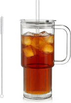 KEMORELA 26oz Ribbed Glass Mug with Handle and Lid – Large Clear Tumbler for Iced Coffee, Tea, Smoothies & Hot Drinks, Reusable Glass Cup with Straw, Dishwasher Safe, Travel Friendly