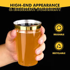 RACETOP 12 oz Gold Rimmed Plastic Cups, 100 Pack Clear Plastic Glasses, Heavy Duty Disposable Glasses, Elegant Gold Rimmed Disposable Hard Cups for Party, Thanksgiving, Birthday and Christmas