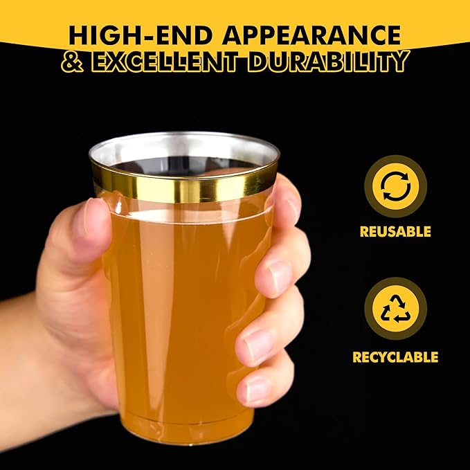 RACETOP 12 oz Gold Rimmed Plastic Cups, 100 Pack Clear Plastic Glasses, Heavy Duty Disposable Glasses, Elegant Gold Rimmed Disposable Hard Cups for Party, Thanksgiving, Birthday and Christmas