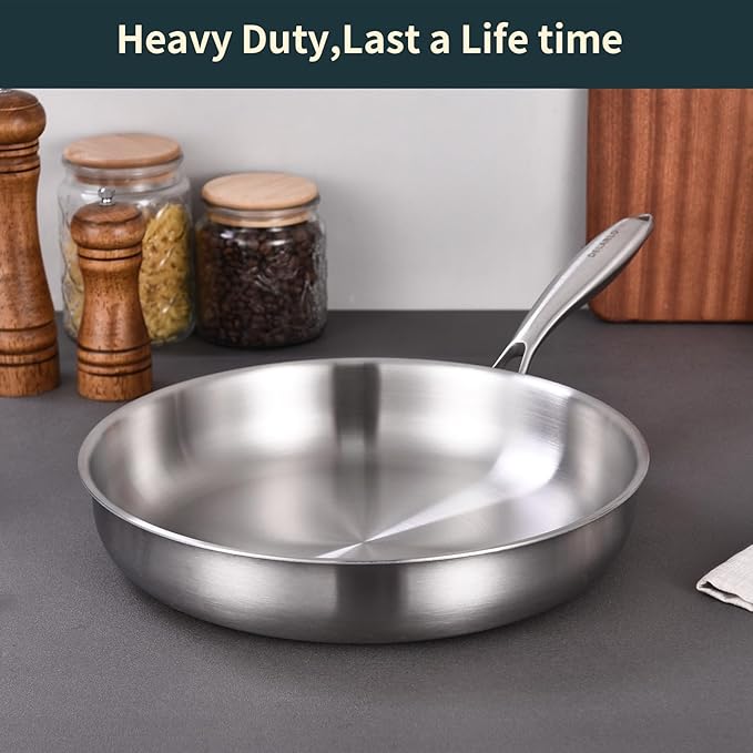 DELARLO Full Clad Tri-Ply Stainless Steel Frying Pan 10 inch, All Stove Compatible Up to 600℉, Heavy Duty, Oven Safe Skillet, 18/10 Cooking Pan, Chef's Pan for Kitchen, Omelette Pan, Flat Bottom