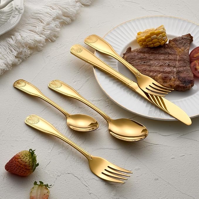 Gold Flatware Set for 4, Stainless Steel Silverware, 20-Piece Cutlery with Shell Design Pattern, Fork Spoon Knife Set, Dishwasher Safe