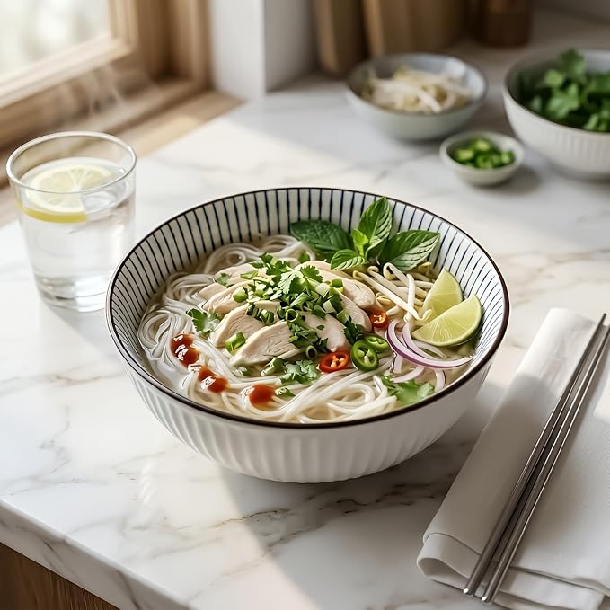 QINLANG Large Soup Bowls, Pho & Ramen Set of 3, 60 oz Blue & White Porcelain Big Bowls - Striped Pattern