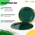 Nervure 175PCS Green Plastic Plates - Disposable Green Gold Party Plates & Pre Rolled Napkins with Cutlery for 25 Guests, 50Plates, 75Silverware, 25Cups, 25Napkin for Wedding & Party & St Patricks Day