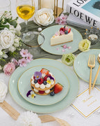 bUCLA 150PCS Green Plastic Plates - Sage Green with Gold Rim Disposable - Include 25 (Dinner & Dessert) Plates, 25 Knives, 25 Forks, 25 Spoons and 25 Cups for Party, Birthday & Spring