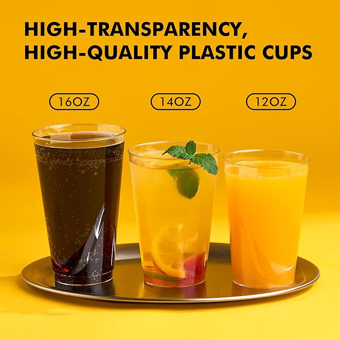 RACETOP 14oz Clear Plastic Cups, 200 Pack Disposable Party Cup, Heavy Duty Disposable Glasses, Disposable Cups for Party, Thanksgiving, Wine Taesting, Birthday and Christmas.