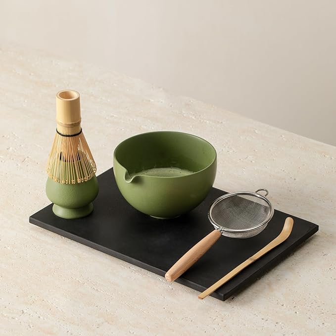 Matcha Whisk Set, Matcha Set with Ceramic Matcha Bowl, Bamboo Whisk & Holder, Sifter, Tea Scoop (Matcha Green)