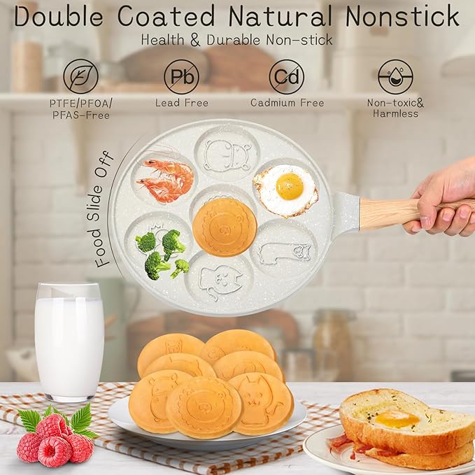 Pancake Maker Egg Frying Pan Suitable for All Stovetops & Induction Cooker, 10.5 Inch Animal Pancake Pan, 7 Molds Pancake Maker with PFOA Free Coating-Beige