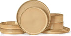 LIANYU 8 Piece Dinnerware Plates and Bowls for 2, Ceramic Elegant Stoneware Dishes Sets with Pasta Bowls, Modern Ribbed Dining Ware Dishware for Restaurant Wedding, Dishwasher Safe, Dune Khaki