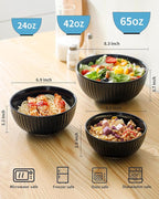 HASENSE Small Mixing Bowls of 3, Porcelain Ribbed Black Bowls 1.5/1/0.5 Qt For Kitchen, Cooking, Baking and Serving Prep Bowls for Salad, Pasta, Modern Kitchen Dish Dishwasher & Microwave Safe