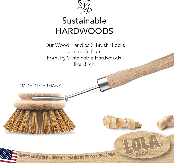 LOLA -The Original - Dishwashing & Vegetable Brush, 6 Pack, Hardwood w/Poly Fiber Bristles, Reusable, Sustainable, Has EZ-Grip Handle