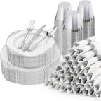 Bestluck 350PCS Silver Plastic Plates for 50 Guests, Disposable Dinnerware Sets Include 100 Silver Rim Plastic Plates, 50 Silverware, 50 Pre Rolled Napkins for Party, Wedding & Decor