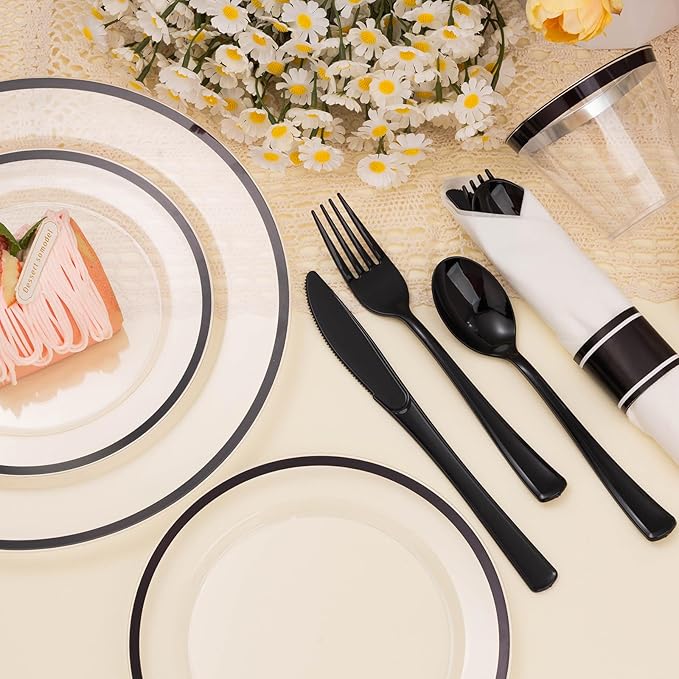 BESTSTAR 350PCS Clear and Black Disposable Plates Set for 50 Guests, 100 Plastic Plates, 50 Plastic Cups, 50 Pre-Rolled Napkins with Cutlery for Graduation Party, Thanksgiving, Birthday, Halloween