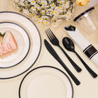 BESTSTAR 350PCS Clear and Black Disposable Plates Set for 50 Guests, 100 Plastic Plates, 50 Plastic Cups, 50 Pre-Rolled Napkins with Cutlery for Graduation Party, Thanksgiving, Birthday, Halloween
