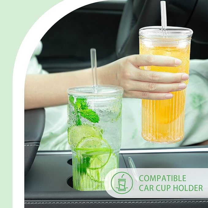 Luiaiog Glass Cups with Lids and Glass Straws, High Borosilicate 20OZ Tumblers (4Pcs) for Coffee, Tea, Juice, Smoothies, Hot/Cold Drinks at Home, Office