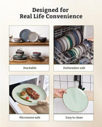 Famiware Venus Plates and Bowls Sets, 24 Pieces Stoneware Speckled Dishes Dinnerware Set for 8, Light Green - Microwave & Dishwasher Safe, Modern Minimalist, for Everyday Meals & Formal Dining