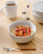 HASENSE Large Serving Bowls 7 Inch - 42 Oz White Ceramic Salad Bowl Set of 4 for Kitchen,Modern Ribbed Porcelain Dishes for Entertaining,Soup,Pho,Pasta,Cereal, Noodle - Dishwasher & Microwave Safe