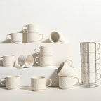 6 Oz Coffee Cups Set of 4, Stackable Coffee Mugs with Stand, Ceramic Cappuccino Cup, Embossed Espresso Cups for Latte, Tea, Cocoa, Mocha, Housewarming Present, Dishwasher Safe