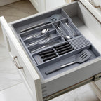 9-Piece Bamboo Kitchen Drawer Organizer Set, Expandable Silverware &Utensil Organizer with Removable Knife Block & Steak Knives, Flatware Organization, Tableware Dividers Storage(Gray)
