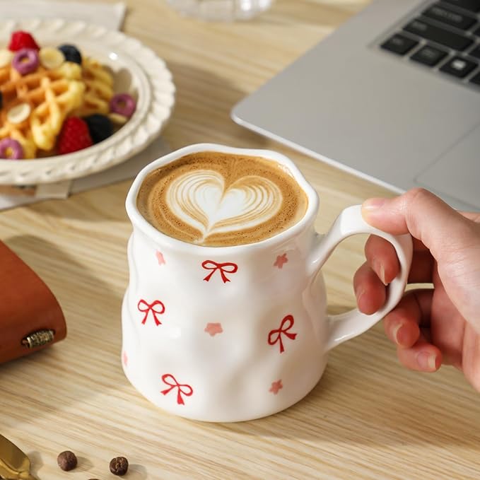 Ceramic Cute Coffee Mug,14 oz Pretty Mug,Unique Coffee Mug (Bows).Ceramic Mug For Women,Hand-Painted Coffee Cup