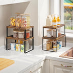 HOOBRO Cabinet Organizer Shelf Set of 4, Kitchen Counter Organizer, Kitchen Storage, Spice Rack, Nest, Stackable, Side-by-Side & L-Shape for Cabinet, Kitchen, Rustic Brown and Black BF33TLP201