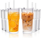 KEMORELA 6-Pack 20 oz Ribbed Glass Tumblers with Lids and Straws – Vintage Iced Coffee Cups, Reusable Smoothie & Cocktail Glasses, Durable Clear Glassware for Home, Cafe & Party Use