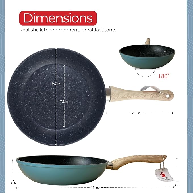 SALFORD 9.7 Inch Nonstick Frying Pan - Induction Compatible Ceramic Forged Skillet for Egg Omelet & Pancakes with Bakelite Wooden Handle Chef Pans - PTFE, PFAS & PFOA Free