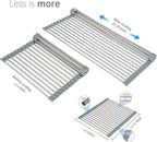 Large Expandable Roll Up Dish Drying Rack, Heat-Resistant Dish Drainer for Stainless Steel Sinks, Over The Sink Non-Slip Silicone Rollable Dish Drainer Roll Rack 18 Tube Gray 21.25''x12.79''
