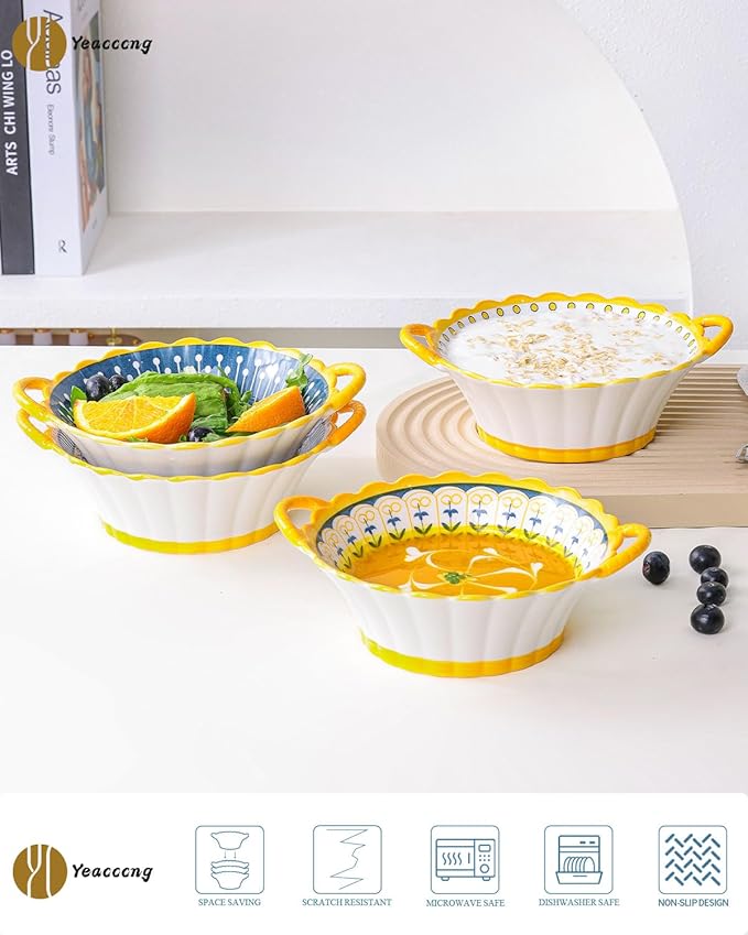 Yeacccng Bohemian Soup Bowls with Handles Set of 4, 20 Oz Indented Grooved Ceramic Bowls, 6.5 Inch French Onion Soup Bowls, Lead-Free, Scratch-Resistant, Oven/Microwave Safe