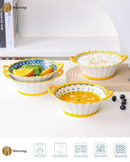 Yeacccng Bohemian Soup Bowls with Handles Set of 4, 20 Oz Indented Grooved Ceramic Bowls, 6.5 Inch French Onion Soup Bowls, Lead-Free, Scratch-Resistant, Oven/Microwave Safe