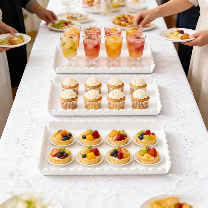 Acrylic Serving Trays 3 Pack, Glossy White Scalloped Acrylic Platters for Party Table Serving Food Cupcake Fruit, 12.9 x 7.1 Inch Reusable Catering Dessert Coffee Table Serving Tray for Wedding Event (Tray-White)