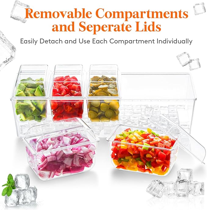 Lifewit Ice Chilled Condiment Caddy with 5 Containers, Condiment Server with Separate Lid, Serving Tray Platter with Removable Dishes for Bar Fruit Salad Taco Party Garnish, 39 x13cm/15x5