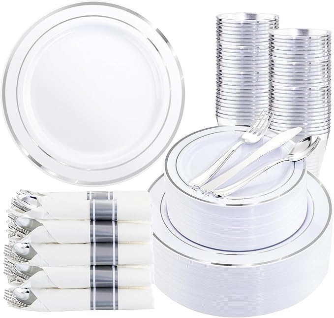 WDF Partyware 350Piece Silver Plastic Dinnerware Set for 50 Guests - Silver Plastic Plates with Cutlery Include:50Dinner Plates-50Dessert Plates-50Pre Rolled Napkins with Silverware Party Wedding
