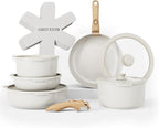 Country Kitchen Cookware Set with Removable Handle, Oven & RV Safe Pots and Pans Set, Cream Gold Speckle Wood Handle, Original