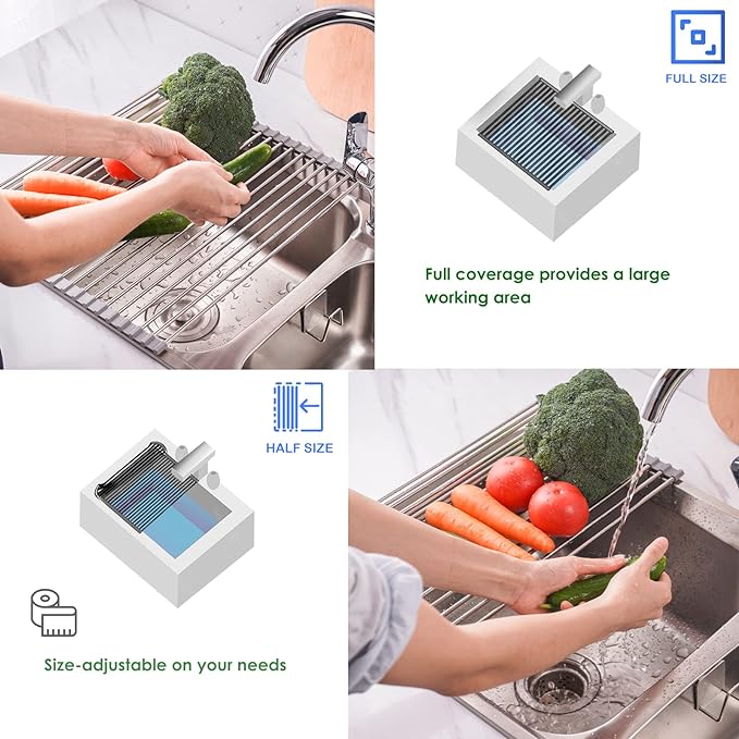 Tomorotec Roll Up Dish Drying Rack Over The Sink Grey Large Dish Drying Rack Rolling Foldable Collapsible SUS304 Stainless Steel Multipurpose Dish Drainer for Kitchen Counter (21”x15.7”)