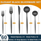 60 Pieces Black Silverware Set, Stainless Steel Flatware Set Service for 12, Tableware Cutlery Set, Utensils for Home, Restaurant, hotel, Include Knife Fork Spoon Set,Dishwasher Safe
