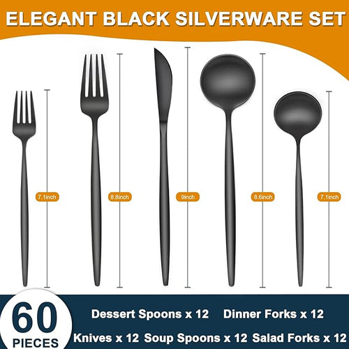 60 Pieces Black Silverware Set, Stainless Steel Flatware Set Service for 12, Tableware Cutlery Set, Utensils for Home, Restaurant, hotel, Include Knife Fork Spoon Set,Dishwasher Safe