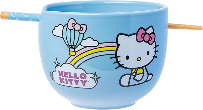 Silver Buffalo Sanrio Hello Kitty Rainbow Ceramic Ramen Bowl with Chopsticks, 20 Ounces