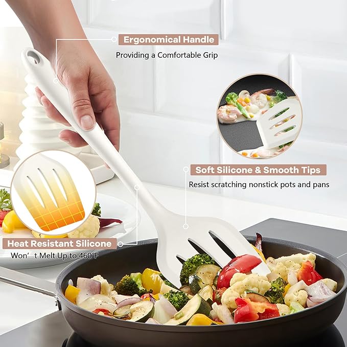 TeamFar Kitchen Cooking Utensils, 10 pcs Silicone Cooking Utensils Set, 446°F Heat Resistant Kitchen Gadgets Tools Set w/Spatula, Turners, Spoons, Soup Ladle, Pasta Server for Nonstick Cookware, White