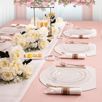 NOCCUR 350PCS Rose Gold Plastic Plates - Clear Rose Gold Disposable Dinnerware Set - Include 100 Dinner/Dessert Plates,50 Cups,50 Pre Rolled Napkins with Cutlery Set - Ideal for Party/Mother's Day