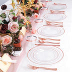 bUCLA 600PCS Clear Rose Gold Plastic Dinnerware Set Disposable - Include 100 Dinner Plates, 100 Dessert Plates, 100 Knives, 100 Forks, 100 Spoons, 100 Cups for Party, Wedding & Mother's Day