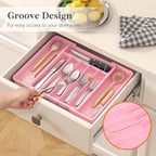 Lifewit Silverware Drawer Organizer, Expandable Utensil Tray for Kitchen, BPA Free Flatware and Cutlery Holder, Adjustable Plastic Storage for Spoons Forks Knives, 10.9"-17.5" x 13.7", Pink