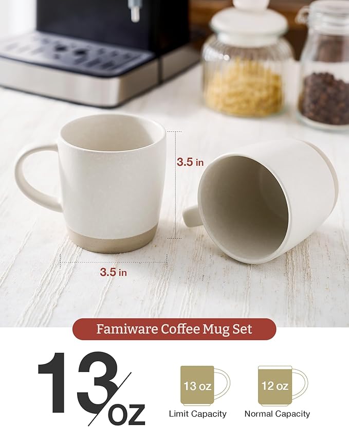 famiware Coffee Mugs Set of 4, Milkyway 13 oz Mug Set, Ceramic Cup Set with Handle for Coffee, Tea, Cocoa, Milk, Matte White (Pack of 2)