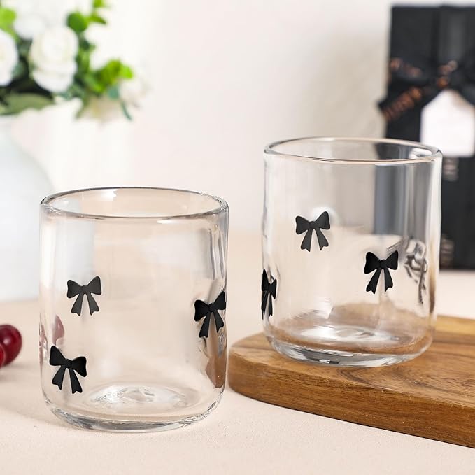 Skylety 2 Pack Bow Icon Juice Glasses, 14 oz Stemless Glass Cups, Coquette Black Bow Juice Cocktail Wine Coffee Drinking Cups for Gift Engagement Wedding Anniversary Valentines Present Party Supplies