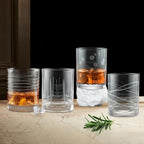 Joeyan Hand Blown Etched Whiskey Glasses,Old Fashioned Tumblers with Stripes Dots Pattern,Clear Carved Rocks Glasses,Scotch Bourbon Glassware for Party Anniversary,13.5 oz,Set of 4,Dishwasher Safe