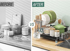 Dish Drying Rack - Large Capacity Stainless Steel Dish Rack for Kitchen Counter, 2-Tier Detachable Kitchen Organizers and Storage Rack with Drainboard and Cutlery Holder, Silver