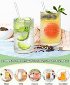 Large Capacity Glasses Drinking Set of 12, 15 oz Vintage Glassware Hobnail Glass Cups sets for Kitchen, Embossed Cocktail Glasses Set with Straws, for Beer, Juice, Cocktail, Whiskey, Milk