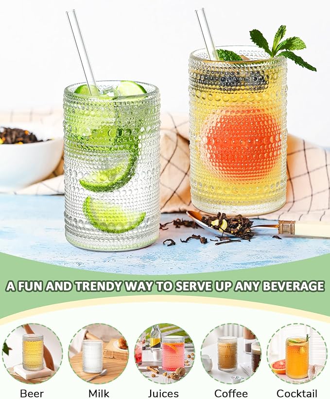 Large Capacity Glasses Drinking Set of 12, 15 oz Vintage Glassware Hobnail Glass Cups sets for Kitchen, Embossed Cocktail Glasses Set with Straws, for Beer, Juice, Cocktail, Whiskey, Milk
