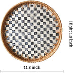Round Rattan Tray with Mother of Pearl Inlay, Decorative Wicker Serving Tray with Wooden Base, Woven Basket Trays for Bread Fruits Coffee, Checkered