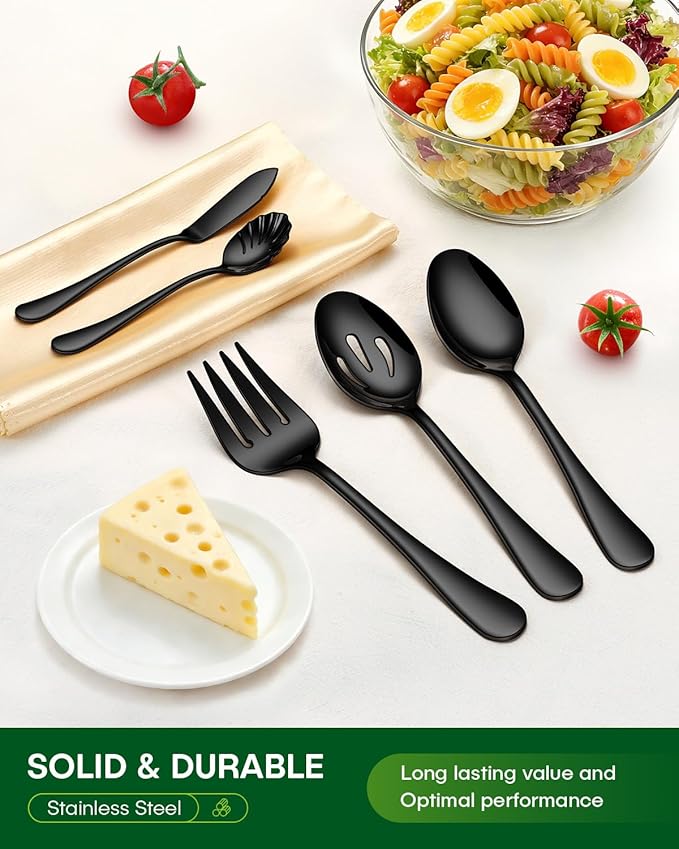65 Piece Black Silverware Set with Serving Utensils, Stainless Steel Flatware Set for 12 Food Grade Cutlery Utensil Set Include Knife Fork Spoon Mirror Polished Dishwasher Safe
